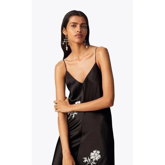 RARE Tory Burch Satin Maxi Slip Dress Womens Size 14 Black Floral Formal Prom